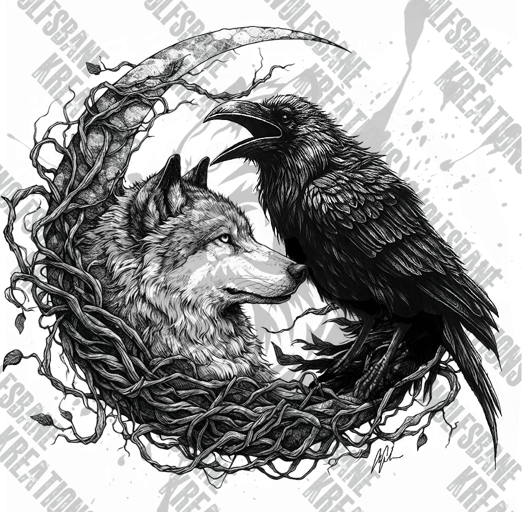 Wolf and Raven in Moon